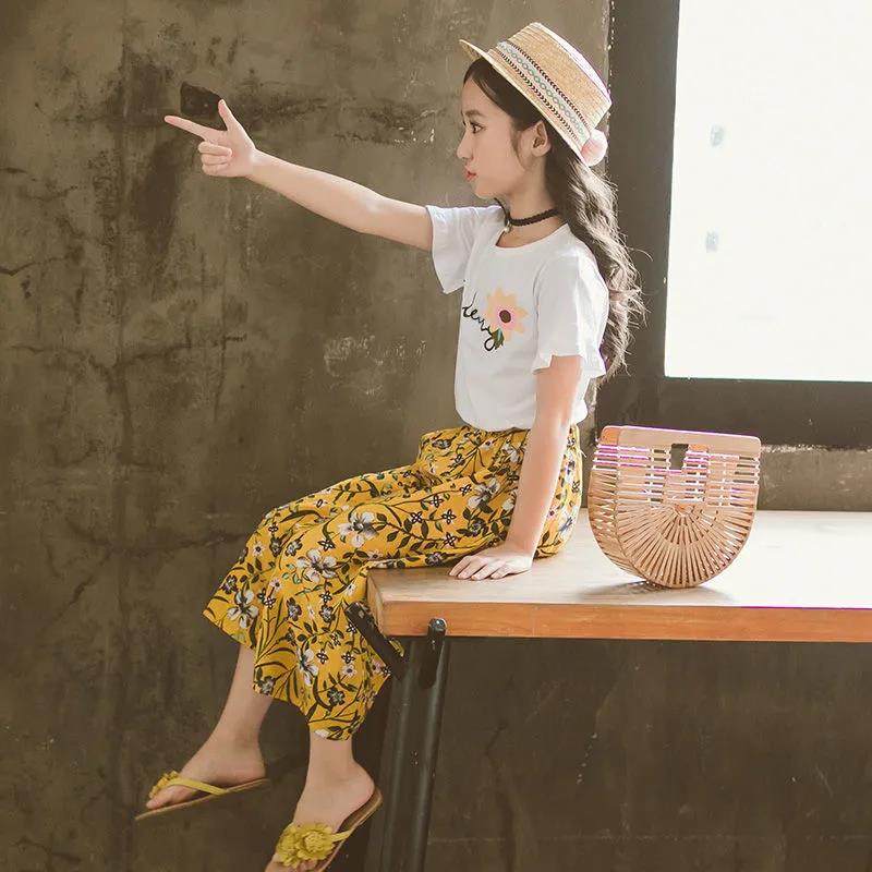 Girls Summer Dress Girls Skirt Pants Suit Medium and Large Children's Short-sleeved Wide-leg Pants Casual Two-piece Suit