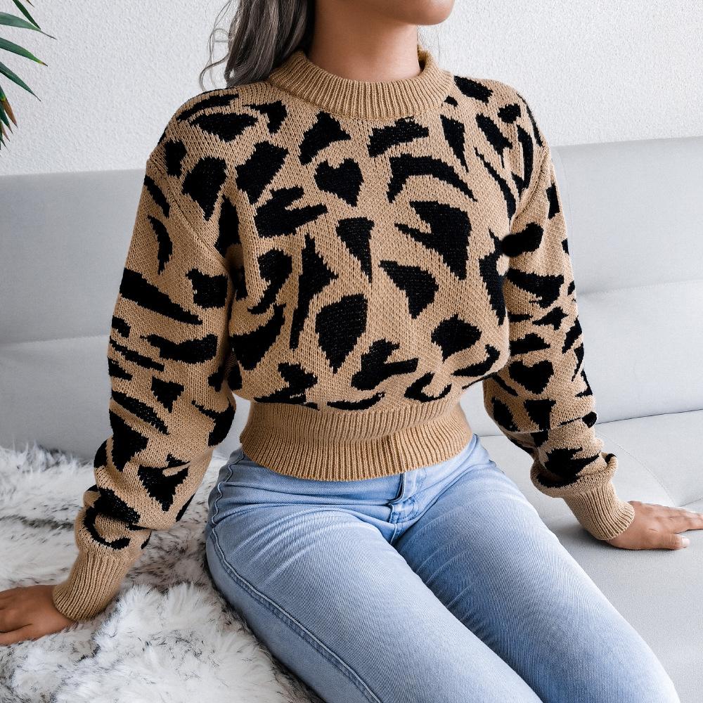Sweater Women's Leopard Print Short Pullover Knitwear Cropped Top Trending Sweater Autumn and Winter European and American Style