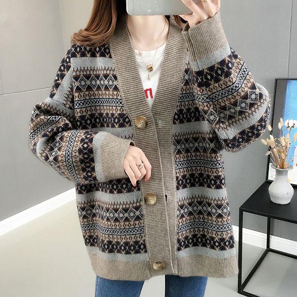Autumn Winter Vintage Printed Cardigan Sweater Korean Knitwear Casual Loose V-neck Knitted Cardigan Coat tops