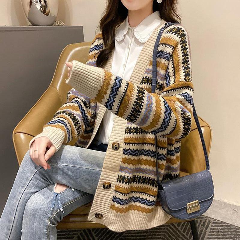 Autumn and Winter Retro Striped Knitted Sweater Loose Cardigan Large Size Blouse Elegant Jacquard Young and Middle-aged Ladies Jacket