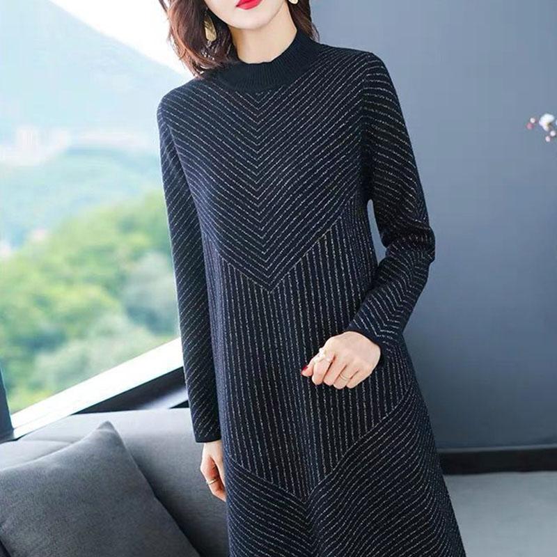 Autumn and Winter Mid-length Plus Size Base Skirt Over The Knee Half Turtleneck Sweater Skirt Middle-aged Women Sweater Dress