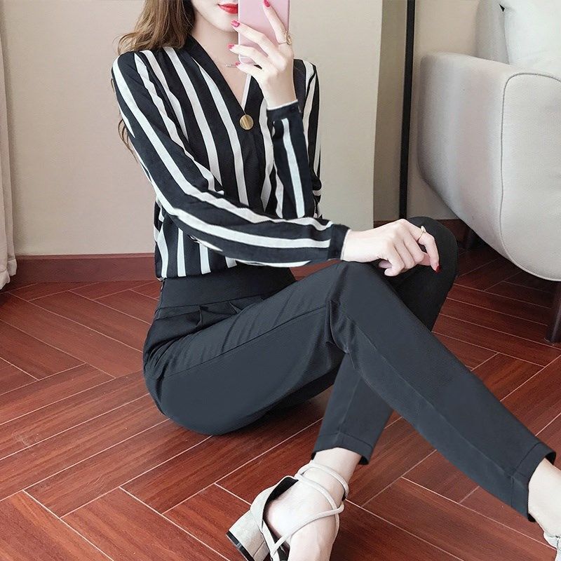 Temperament Suit Two-piece Suit V-neck Long-sleeved Striped Shirt Slimming Suit Pants Two-piece Suit Work Suit Ladies Two-piece Suit