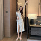 High-end Fabric Puff-sleeved Slit Dress  Square Collar  Open Back, Long-sleeved Waist  Slit Suit Skirt
