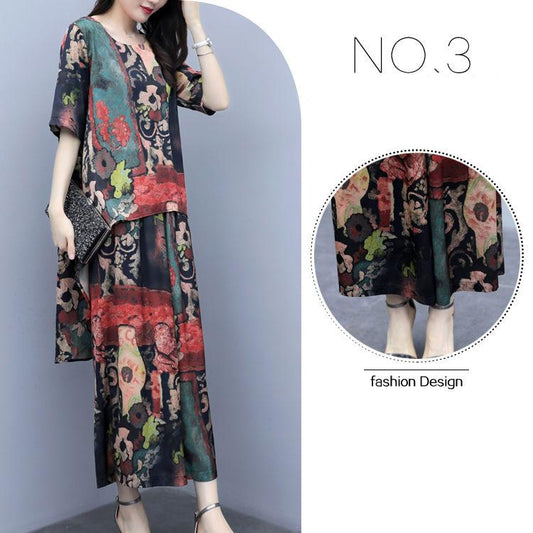 Women Summer Pants Suit Short Sleeve Thin Irregular Tops & Wide Leg Loose Floral Printed Culottes Large Size Two Pieces Casual Suit