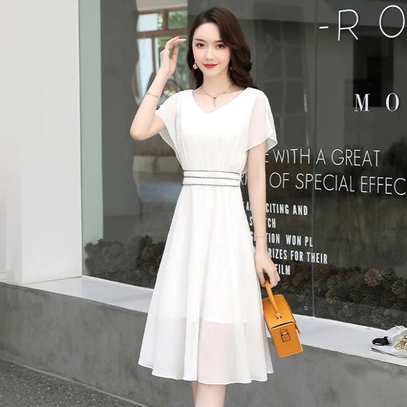 Dress Female Summer Loose Large Size Black Chiffon Dress Short-sleeved Waist V-neck Slim Casual All-match