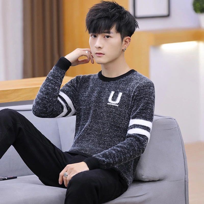 U-shaped Character Men's Pullover Low-neck Casual Autumn and Winter Jacket Long-sleeved Striped All-match Top