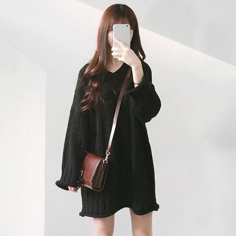 Sweater Women Autumn and Winter Thickening Slim Students Loose and Versatile Mid-length Sweater Dress V-neck Long Sleeves