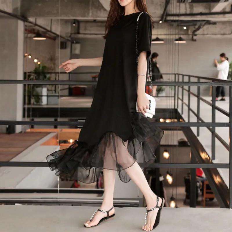 WTEMPO Plus Size Ladies Dress Summer Short Sleeve Round Neck Irregular Lace Hem Loose and Casual Middle Calf Length