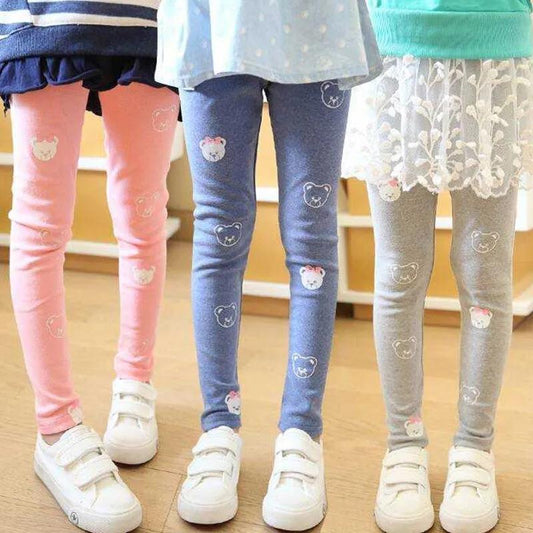 Girls Spring and Autumn Bear Print Leggings Korean Children's Pants Slim Stretch Pants Casual Pants