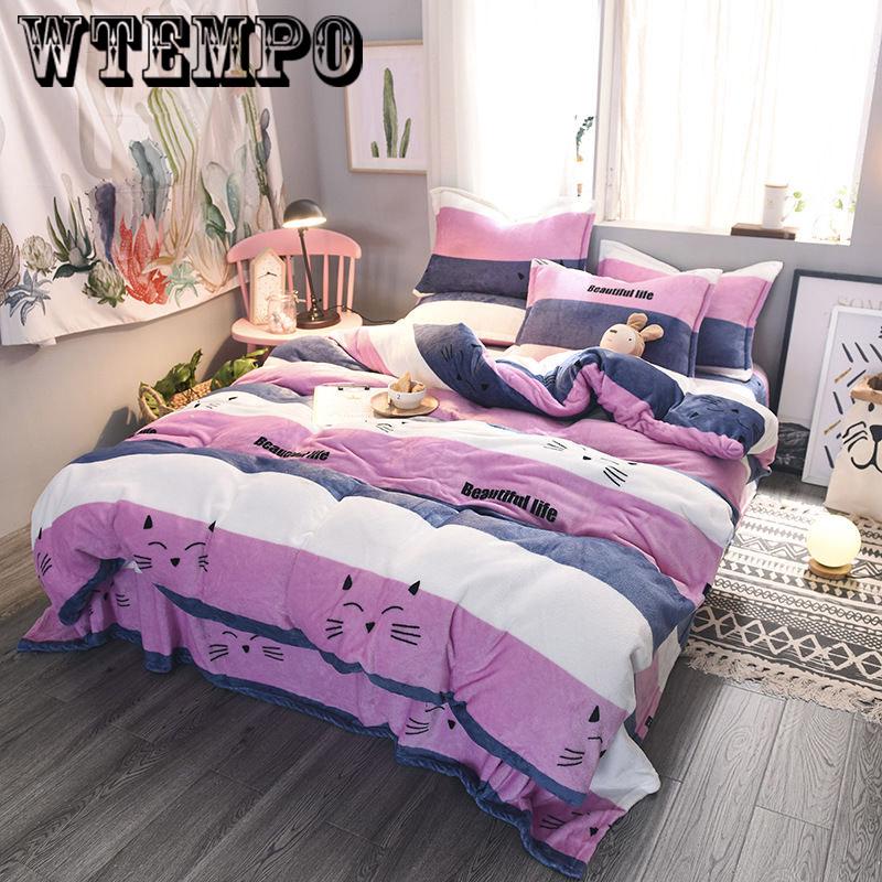 4pcs Star/cartoon Pattern Quilt Cover Warm Thick Cotton Soft Bed Sheet King Size Reactive Printing Bedspread
