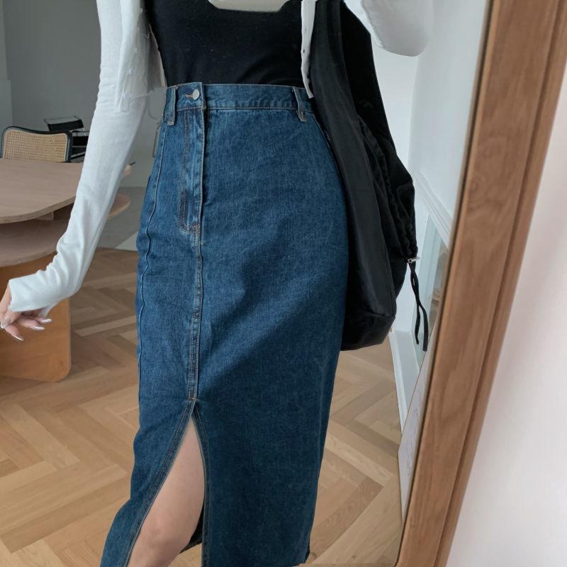 Women Sexy Sweet Solid Split Denim Skirt High Waist Over The Knee Hip Skirt Casual Club Home Office
