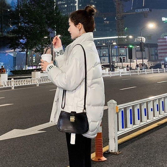 Winter Down Jacket Women's Short White Duck Down Loose Stand-up Collar Bright Surface Thickened Large Size Bread Jacket