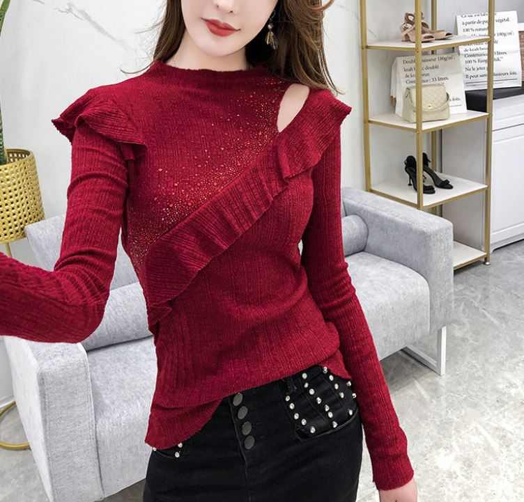 Women's Solid Color Lace Bottoming Shirt Fashion Off-the-shoulder Mesh Low Neck Bottoming Shirt Sexy Thin Knitwear
