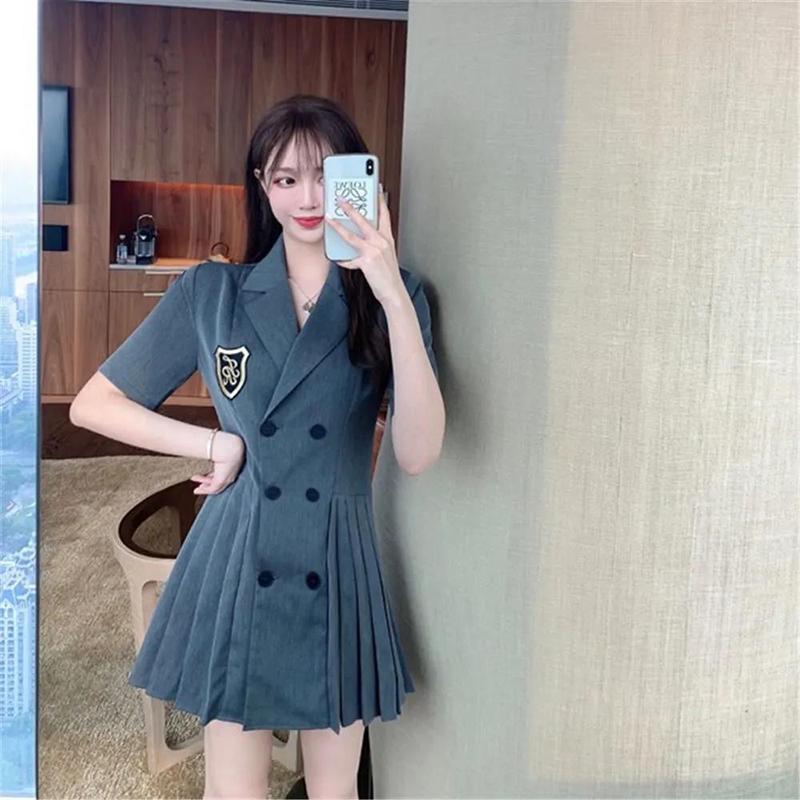 Retro College Dress Women's Summer Dress Waist Slim Temperament A-shaped Short-sleeved Suit Skirt Ladies Short Dress Coat