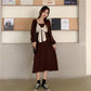 Autumn and Winter Solid Color Lantern Sleeve Square Collar Design Large Cute Bow Mid Length Long Sleeve Dress