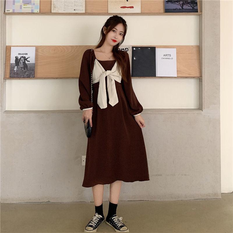 Autumn and Winter Solid Color Lantern Sleeve Square Collar Design Large Cute Bow Mid Length Long Sleeve Dress