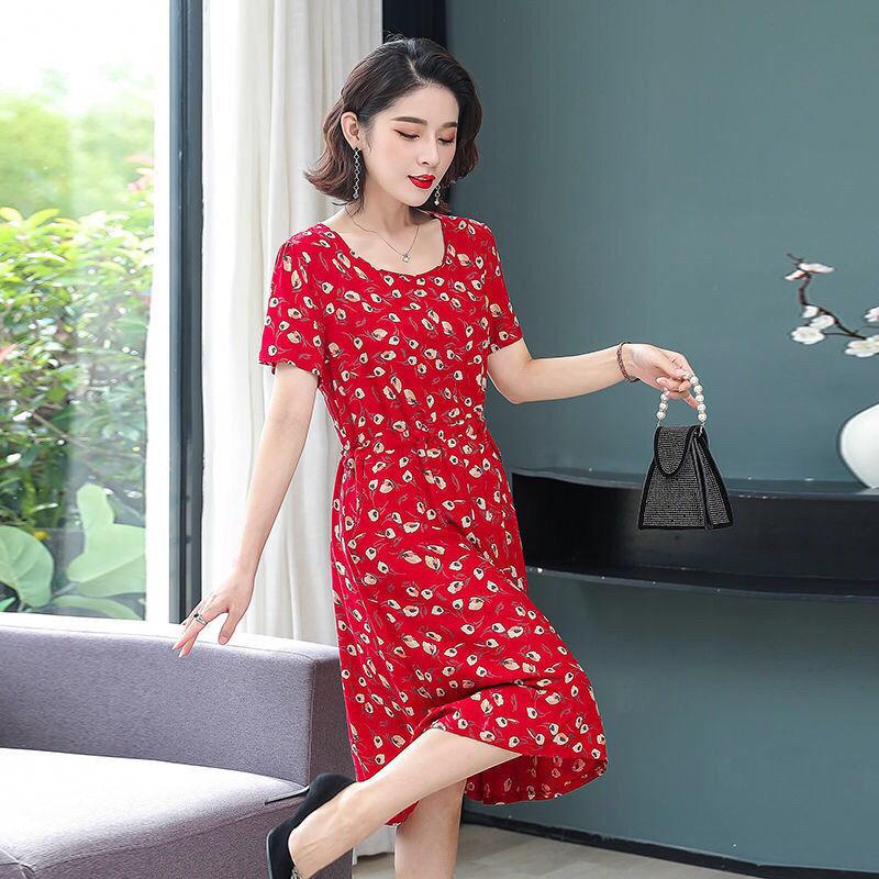 Bohemian Women's Casual Round Neck Floral Mid-length Dress Loose Dress Ladies Round Neck Short-sleeved Elastic Waist Mid-length Print Dress