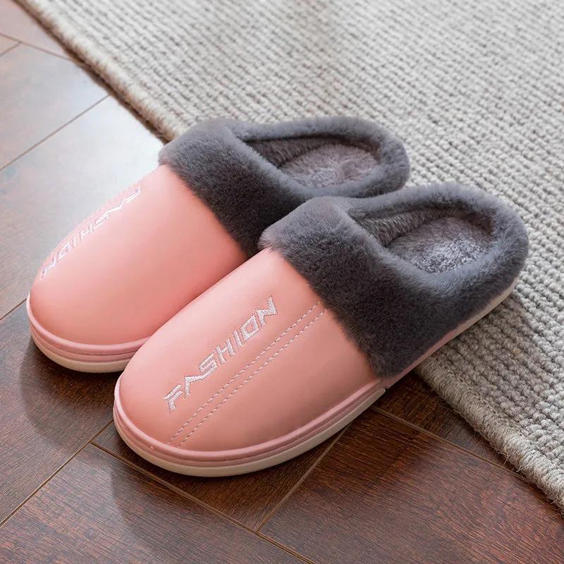 Slippers Women Leather Winter Windproof Warm Plush Memory Foam Home Slippers for Men House Shoes Plus Size