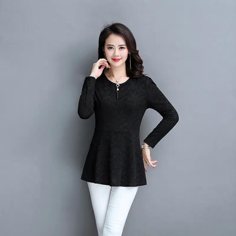 Women's Spring and Autumn Long-sleeved Top Large Size Waist Round Neck Solid Color Mother Top