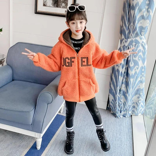 Girls' Cashmere Warm Jacket Korean Style Plus Velvet Padded Jacket Autumn and Winter Windproof Hooded Top
