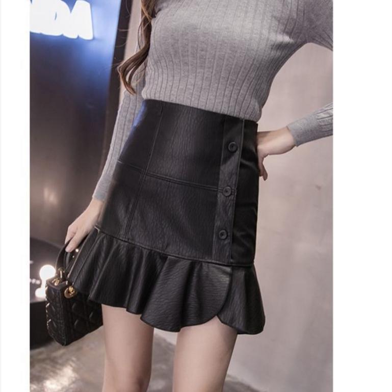 Vintage Elegant Black PU Skirts Women Faux Leather Bud Skirts Pleated Ladies Sexy Party Short Skirts