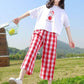 Girls Summer Suits Big Children's Pullover Round Neck Short-sleeved Tops Plaid Pattern Loose Cropped Pants Casual Breathable Two-piece Set