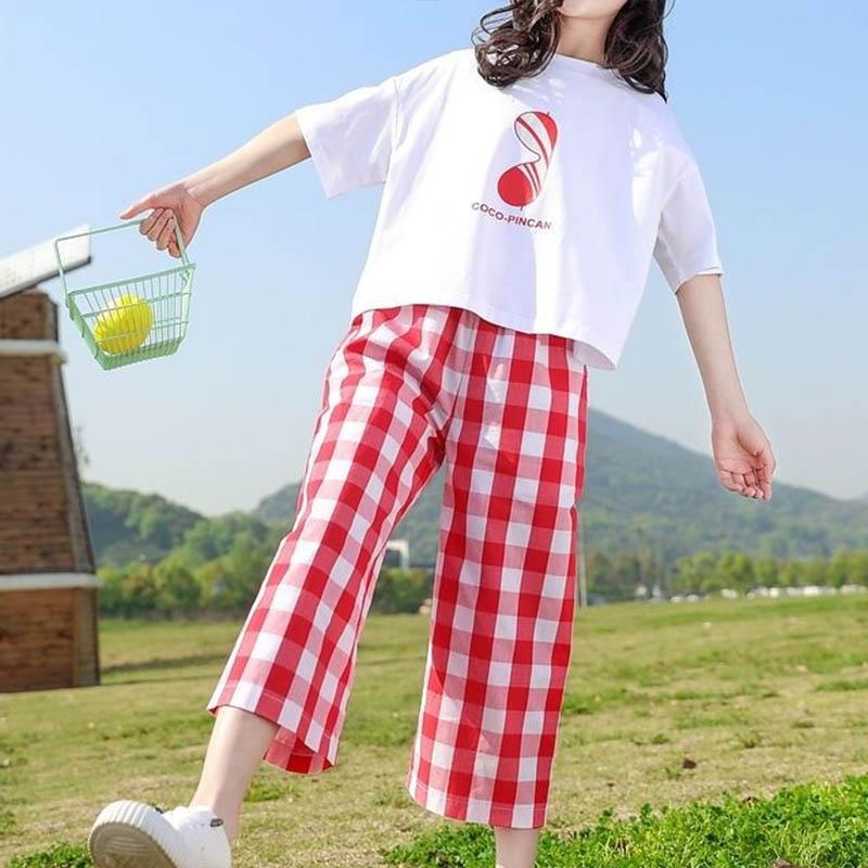 Girls Summer Suits Big Children's Pullover Round Neck Short-sleeved Tops Plaid Pattern Loose Cropped Pants Casual Breathable Two-piece Set