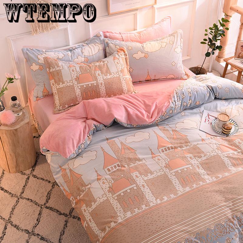 Cashmere Princess Style Orange Color Bed Sheet Fleece Winter Bedding Set 4pcs Double-sided  Thickened Warmth Quilt Cover
