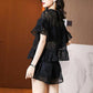 WTEMPO Sexy Black Lace Suit Women Shirt Elastic Waist Shorts Ruffle Plus Size Casual Two-piece Suit