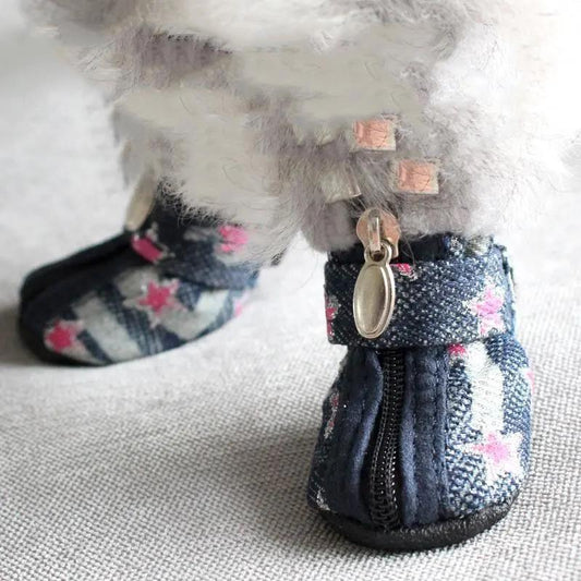 Puppy Dog Shoes Winter Plus Velvet To Keep Warm Teddy Small Dog Pet Dog Walking Shoes A Set of 4 Non-slip Soft Soles Outdoor Indoor Dog Paw Cover