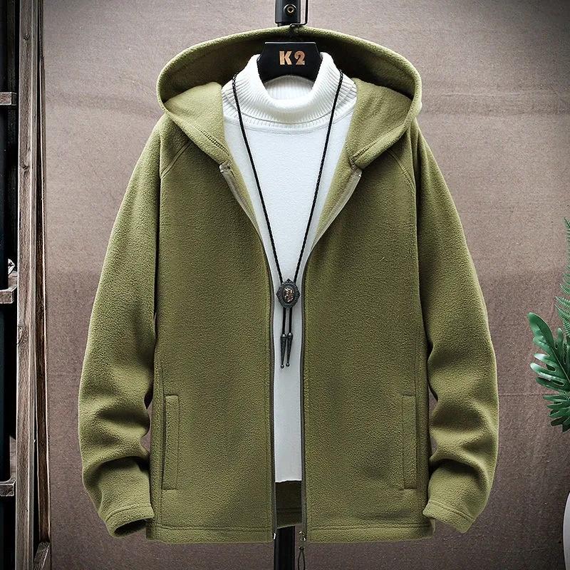 Spring Men's Jacket Polar Fleece Double Sided Fleece Lightweight Warm Jacket Hooded Sweater Loose Outdoor Casual Jacket