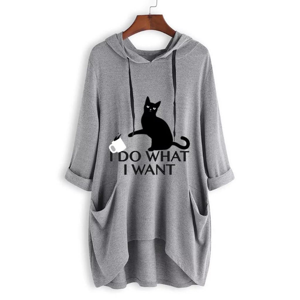 Women Casual Print Cat Ear Hooded Long Sleeves Pocket Irregular Top Blouse Shirt