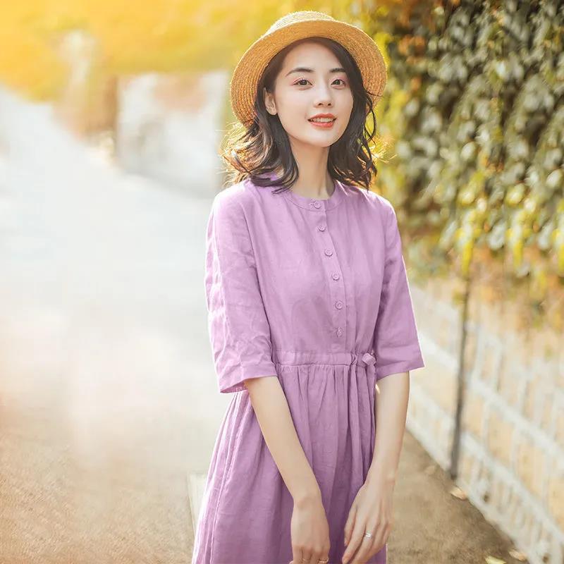 Women Summer Dress 1/2 Sleeved Mid-calf Length Large Size Loose Casual Solid Color Dress M-XXXL