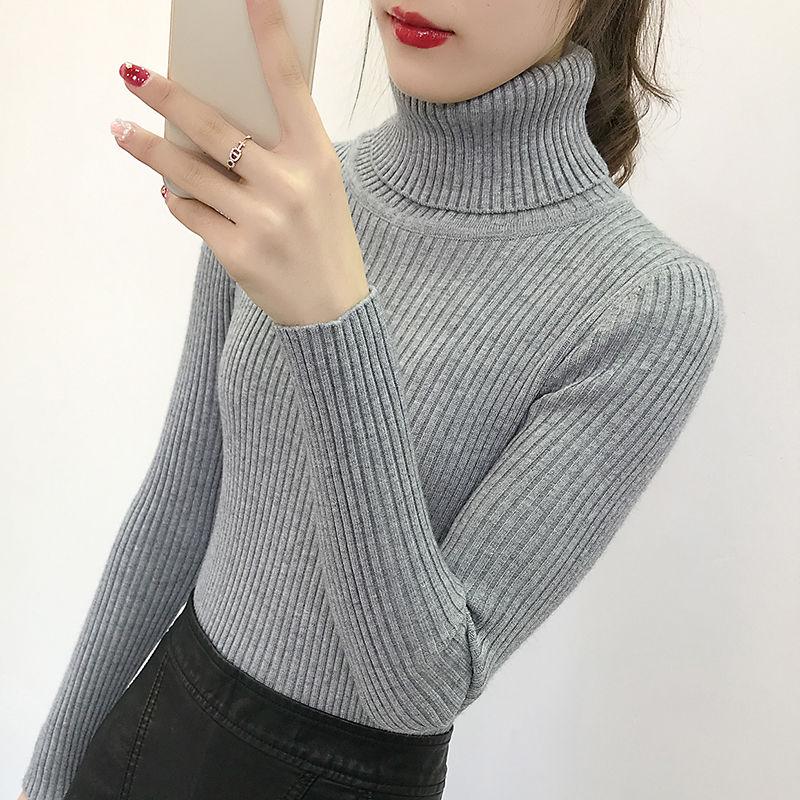 Pofulove Turtleneck Bottoming Sweater Women's Autumn Winter White Pullover Slim Long-sleeved Thick