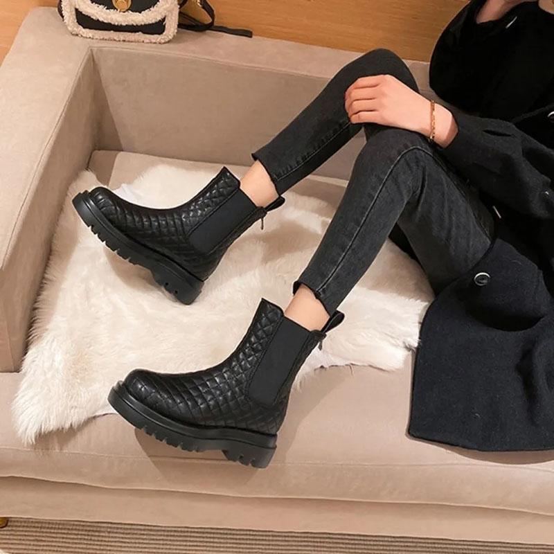 Fur Snow Boots Women's Thick-soled Plus Velvet Warm Cotton Boots In Tube Martin Boots Leather Back Zipper Diamond Short Boots