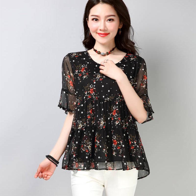 Chiffon Shirt Short -sleeved Large Size Women's Shirt Floral Loose T-shirt Round Neck Shirt