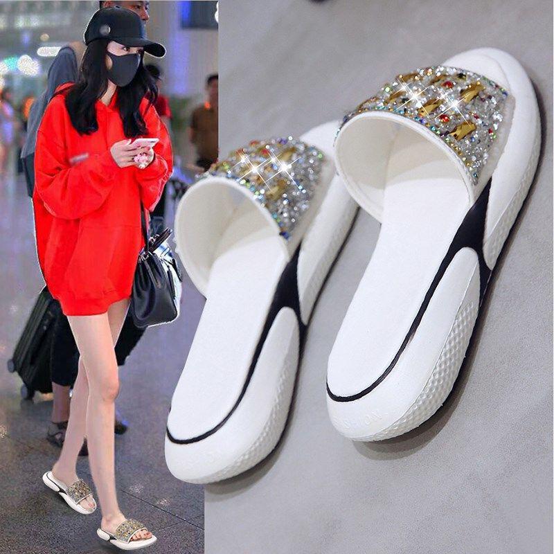 Sandals slippers female summer wear fashion thick bottom wild net red with rhinestone flat bottom