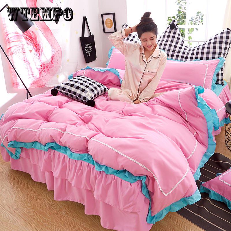 New Princess Style Beddings Set Sheet Duvet Cover Bed Skirt Pillowcase 4pcs Girls Bedclothes
