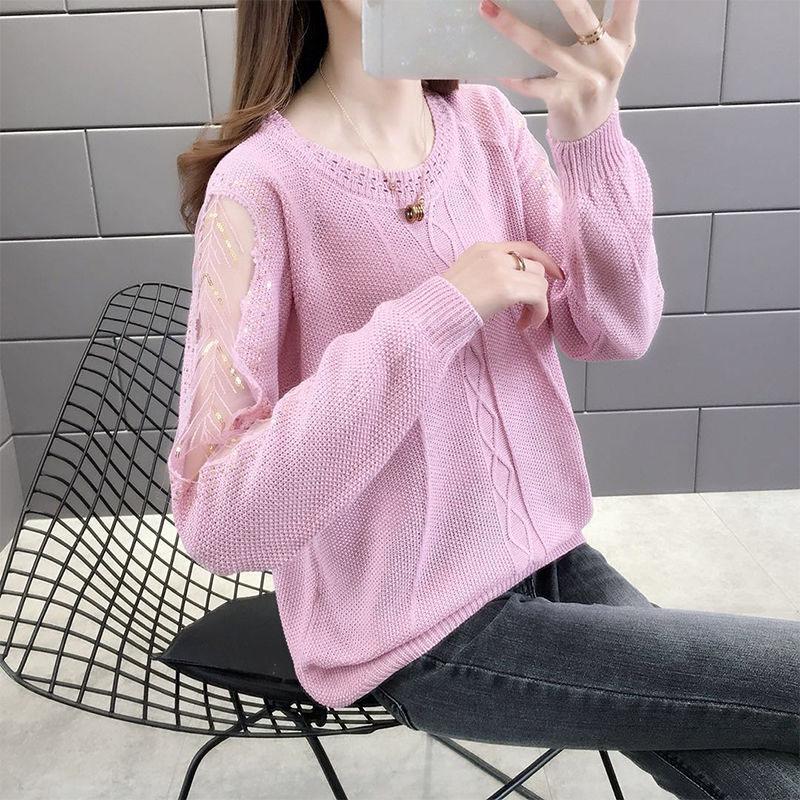 Spring and Autumn Loose Sweater Round Neck Large Size Long-sleeved Top Hollow Youth Female Bottoming Shirt