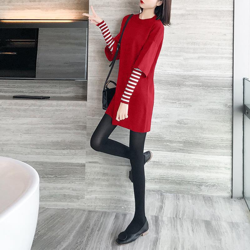 Autumn and Winter Thick Casual Jacket Mid-length Round Neck Red Sweater Slim Dress