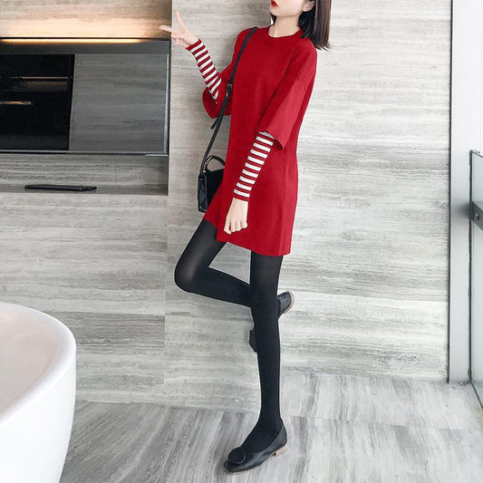 Autumn and Winter Thick Casual Jacket Mid-length Round Neck Red Sweater Slim Dress