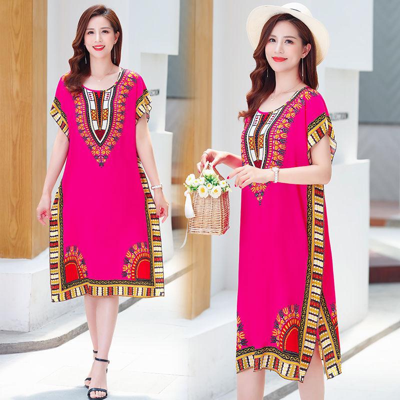 Summer Ethnic Print Dress Round Neck Cotton and Linen short  Sleeve Loose Mid-length Vest Skirt Daily Thin