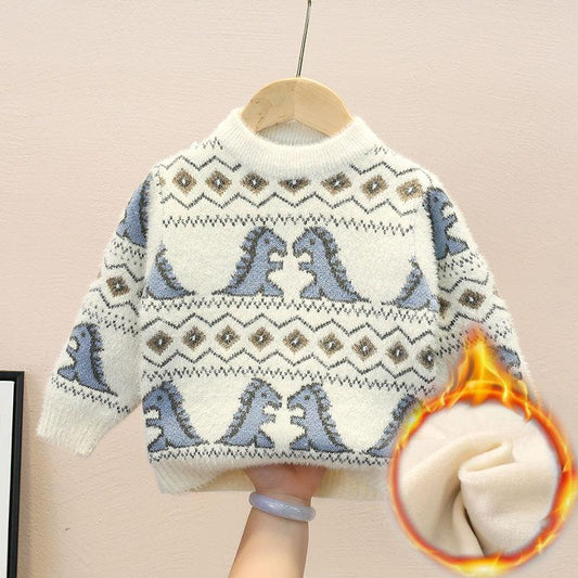 Boy's Sweater Winter Mink Velvet Baby Children's Baby Plus Velvet Thickening Bottoming Shirt Dinosaur Explosive Children's Clothing
