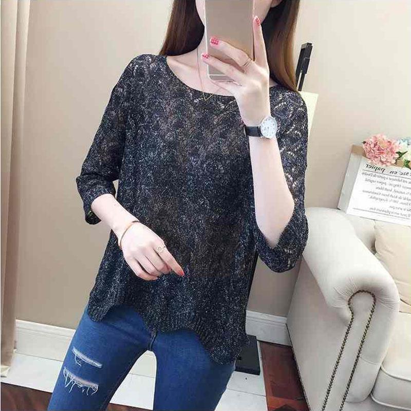 Women's Thin Hollow Knitted Sweater Three-quarter Sleeve Bottoming Shirt Loose Pullover Hollow Short-sleeved Sunscreen Top