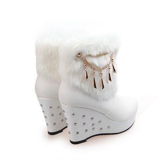 Women's Winter Thick Soled High Heel Short Boots Simulated Rabbit Hair Women's Boots Waterproof Wedged-heel Snow Boots