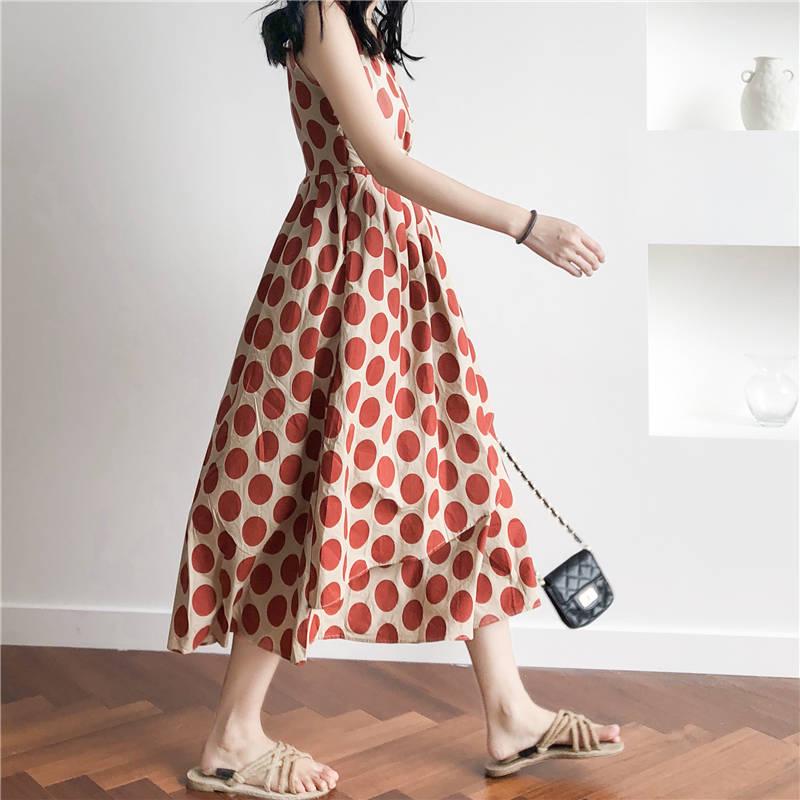 Summer Dress Women Vintage Dress Casual Polka Dot Print A-Line Party Dresses Sleeveless Long Dress