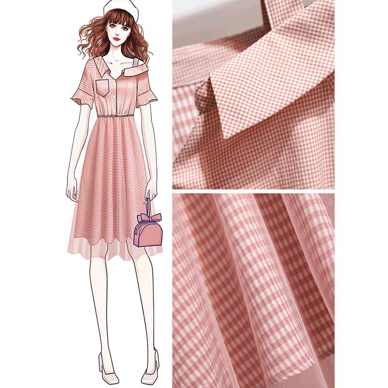 Pofulove Plaid Dress Summer Women  Oblique Shoulder Mesh Dress Shirt Dress with Pockets