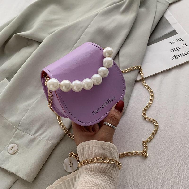 Women Mini Shoulder Messenger Bags Casual Female Crossbody Bags Portable PU Leather Big Pearl Metal Chain