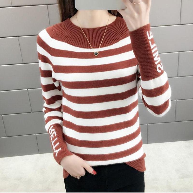 Striped Pattern Sweater Knit Slim Pullover Top for Autumn and Winter Women's Bottoming Shirt