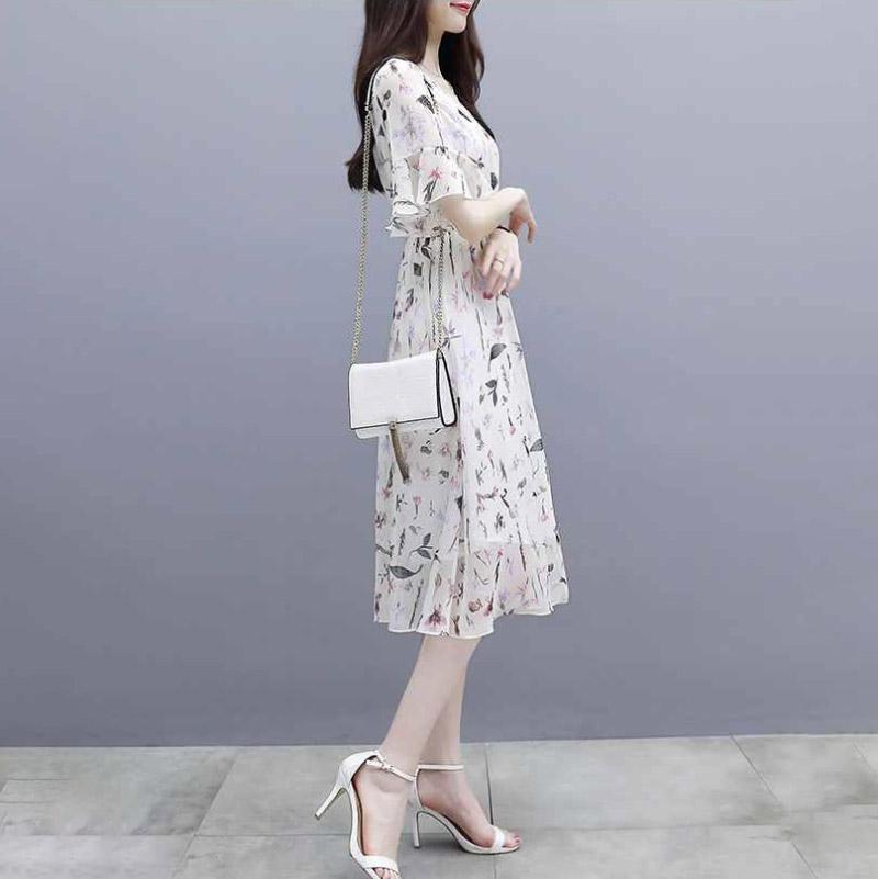 Women Spring Flower Print Dress V Neck Casual Three Quarter Sleeve Ruffles Split Dress Female Elegant A Line Party